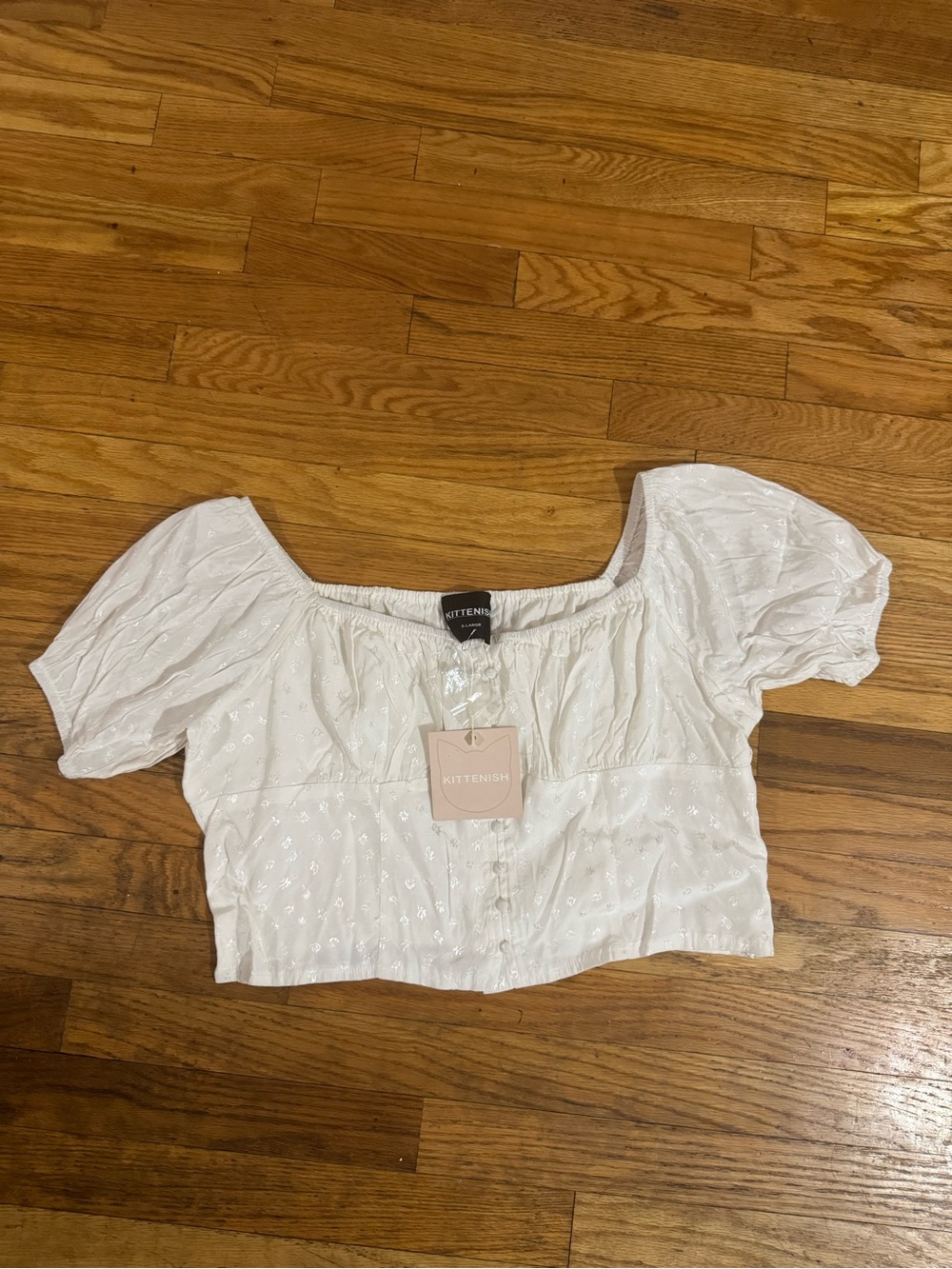 KITTENISH White Eyelet Off-Shoulder puff Sleeve Crop Top